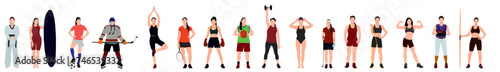 different female sportsperson. Collection of various sports women. 