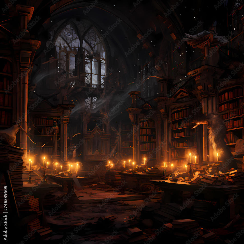 Ancient library with dusty scrolls and dim candlelight