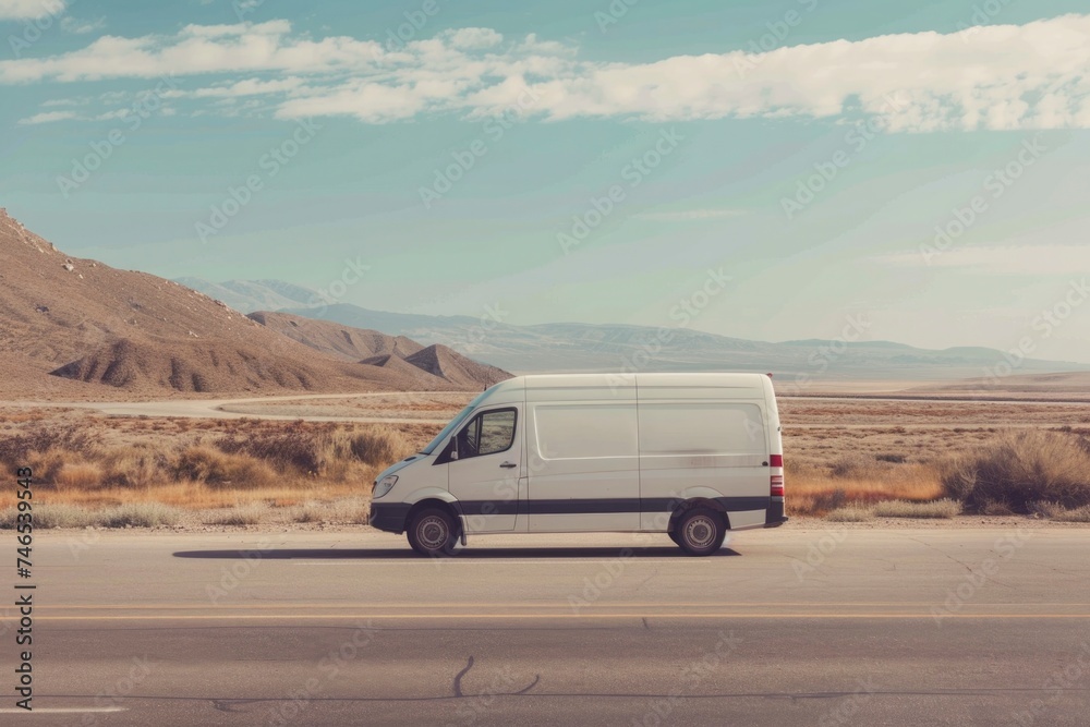 A new white cargo van driving on a desert road, a blank slate for branding and advertising mockups