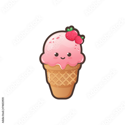 Cute ice cream waffle cone isolated on white background. Kawaii style with funny face. Cartoon sweet character. Vector Illustration.