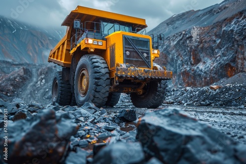 A powerful yellow dump truck is captured in a rocky mine setting, symbolizing industry and construction