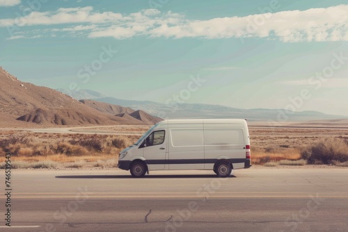 A new white cargo van driving on a desert road, a blank slate for branding and advertising mockups