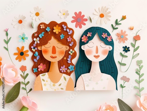Beautiful card decoration with colored women silhouette paper cut-out among flowers isolated on white background, elegant and original page ornament to celebrate women's day