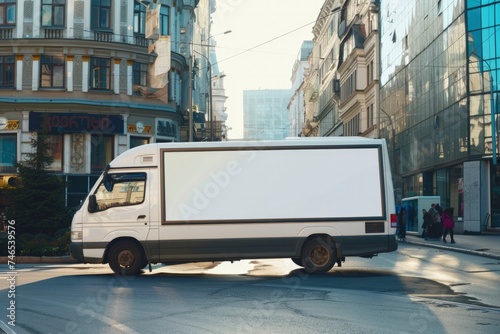 A white delivery van with a blank side panel parked on a bustling city street, perfect for displaying advertising mockups
