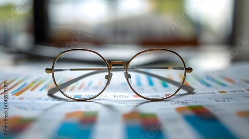 Glasses on the financial report. Selective focus and shallow depth of field.