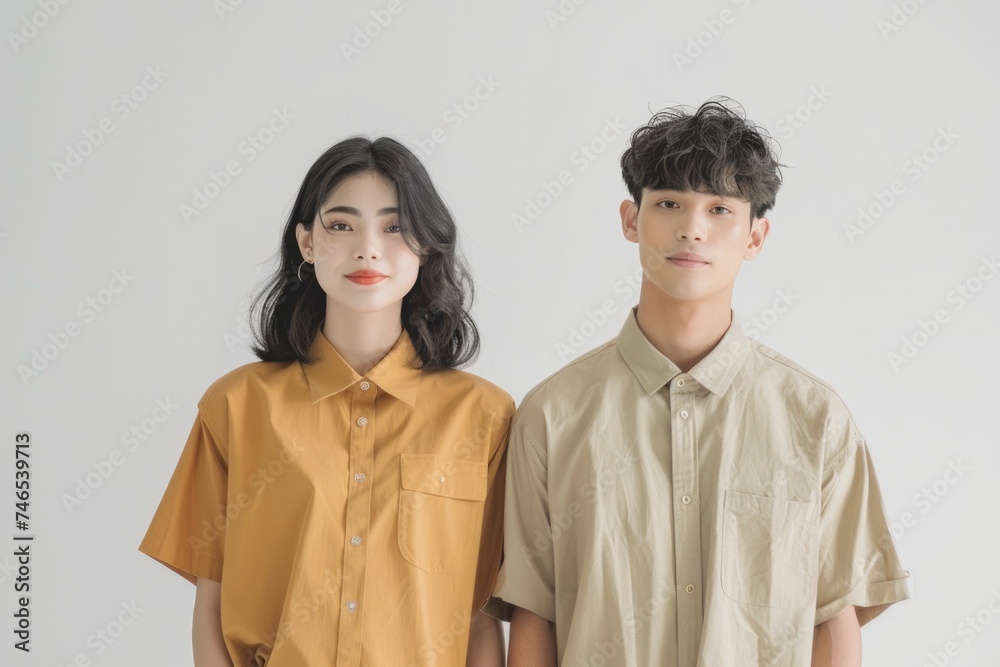 Young Couple in Goldenrod and Khaki Shirts, Neutral Studio Background. Young Couple in Goldenrod and Khaki Shirts, Neutral Studio Background.