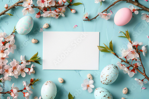 White empty blank rectangular paper on a pastel blue textured background with cherry blossoms and stylish Easter eggs all around. Creative Easter mockup design. Top view.