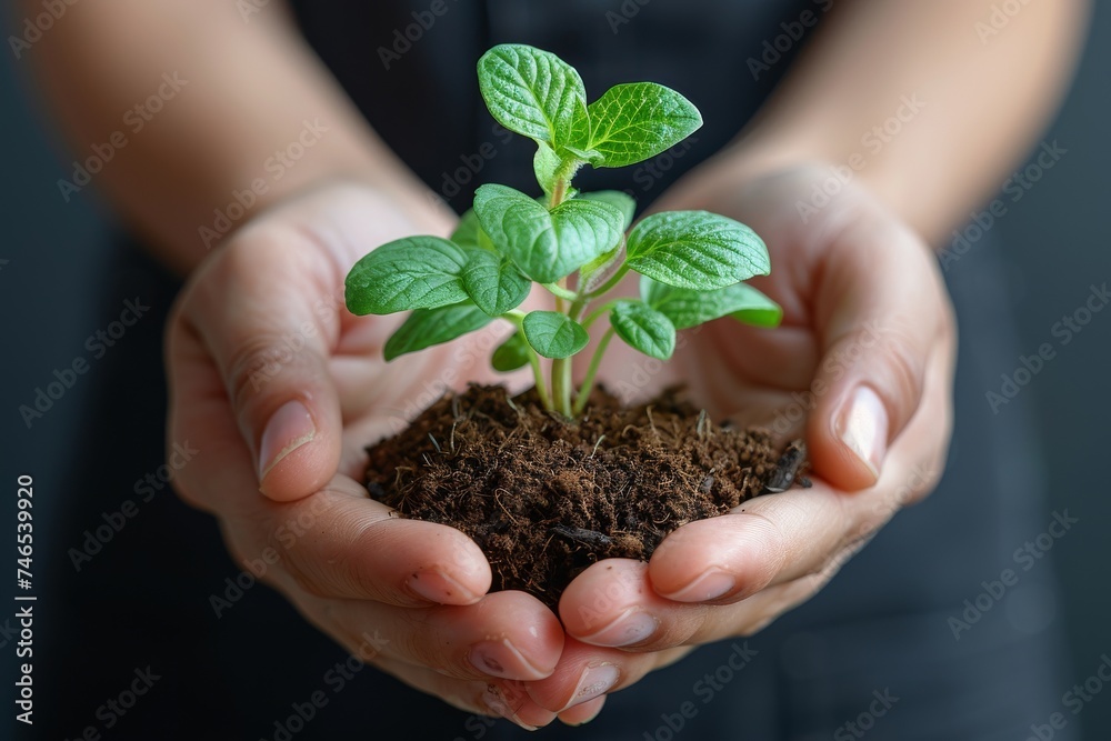 Tender hands cradle a small green plant with soil, symbolizing care, growth, nurturing, and the importance of environmental conservation Tender hands cradle a small green plant with soil, symbolizing care, growth, nurturing, and the importance of environmental conservation