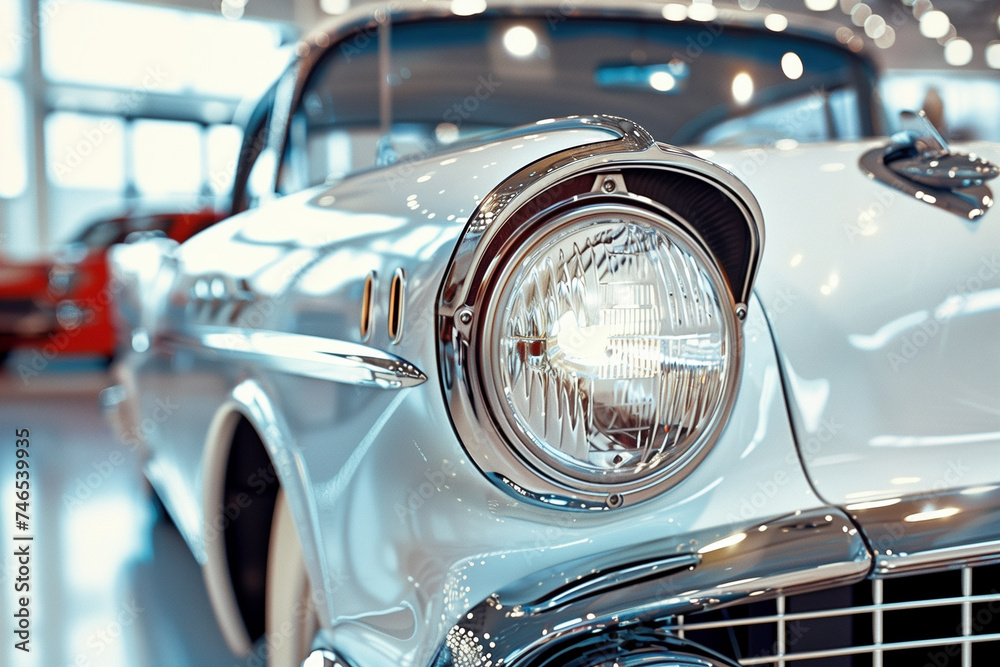 Round headlight of a white old timer car