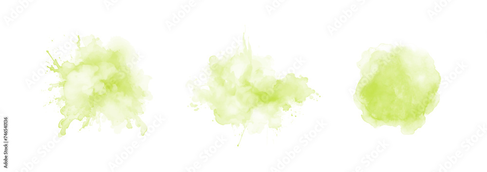 Set of abstract green watercolor water splash on a white background. Vector watercolour texture in salad color. Ink paint brush stain. Green splatters spot. Watercolor pastel splash Set of abstract green watercolor water splash on a white background. Vector watercolour texture in salad color. Ink paint brush stain. Green splatters spot. Watercolor pastel splash