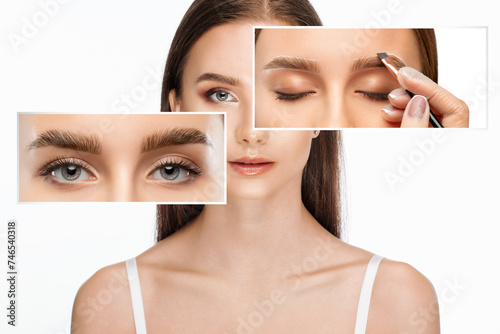 Permanent make-up for eyebrows of beautiful woman in beauty salon. Closeup beautician doing eyebrows tattooing. Collage before and after the procedure. photo