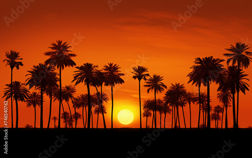 Silhouetted Palm Trees Against a Vivid Sunset Sky Isolated on White Background.