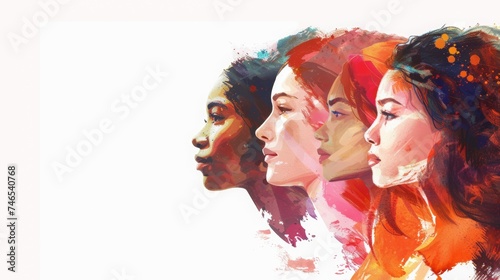 A watercolor illustration of a group of 5 women standing side by side, showcasing diversity and unity. They are facing forward with confident expressions, representing solidarity and strength. 