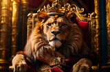 Regal lion wearing a crown sitting on the throne.