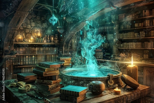 Sorcerers lair, ancient tomes, bubbling cauldron, mystical ambiance photo
