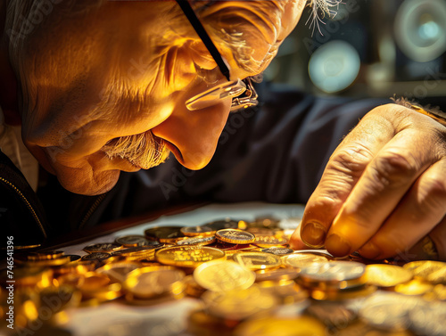 Elderly man closely inspecting a collection of various coins, reflecting a hobby or investment.