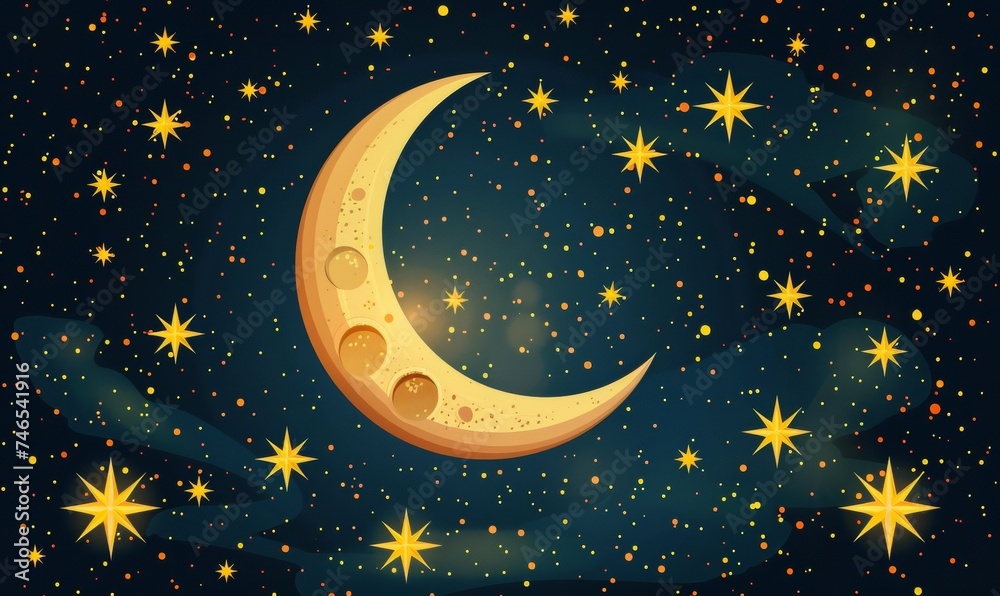 Crescent moon with stars on dark background. Crescent moon with stars on dark background.