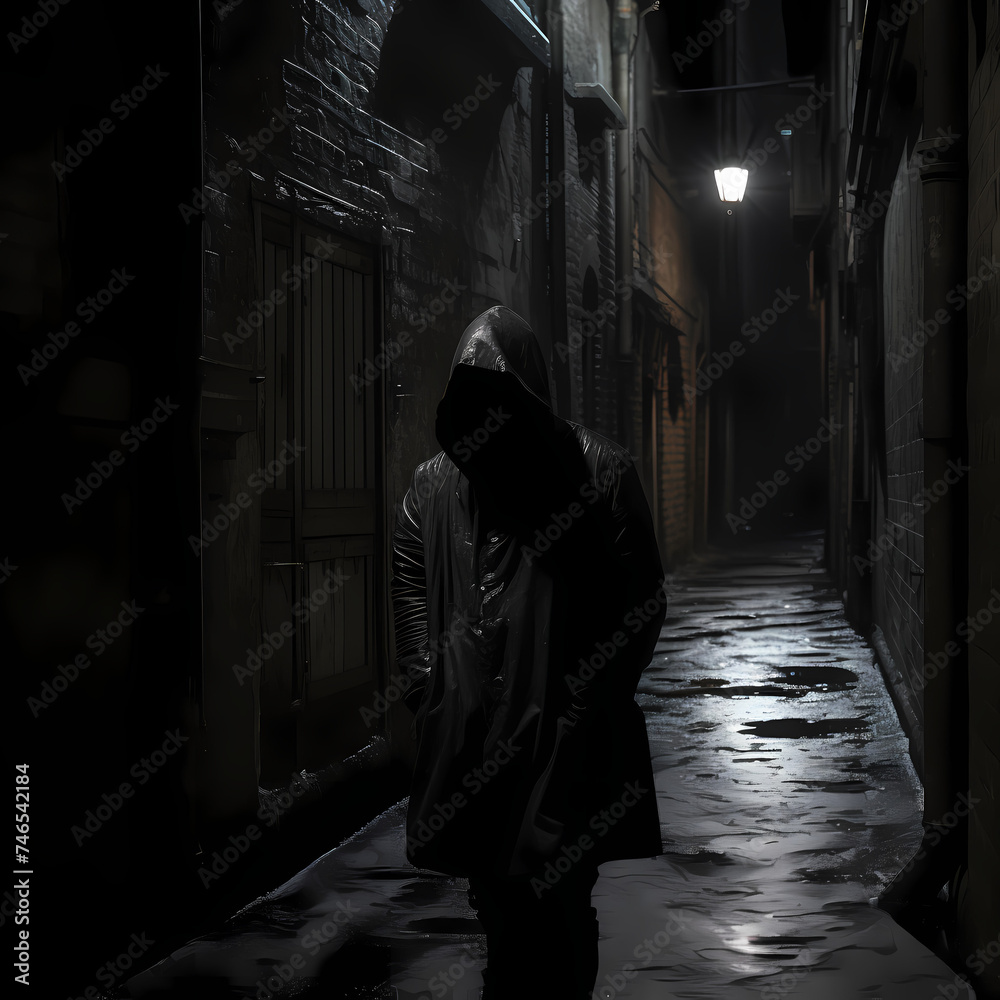 Enigmatic masked figure in a dimly lit alley.