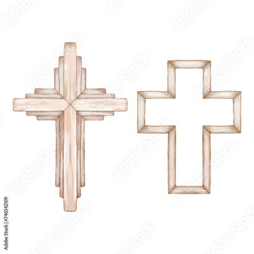 Set of wooden crosses on a white background