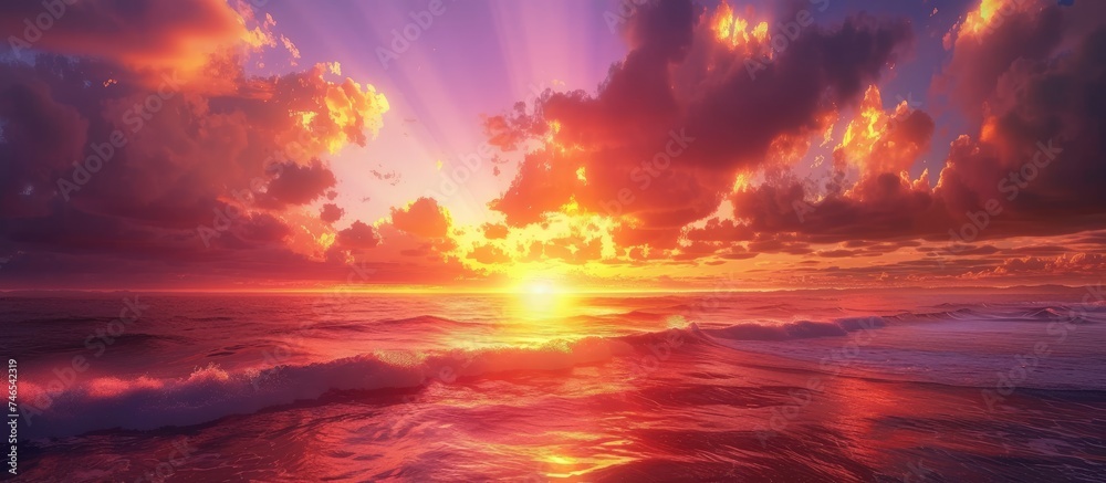 The painting depicts a vibrant sunset over the ocean, showcasing warm hues blending with cool blues. The sky is ablaze with orange, pink, and purple colors as the sun dips below the horizon, casting a