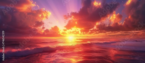 The painting depicts a vibrant sunset over the ocean, showcasing warm hues blending with cool blues. The sky is ablaze with orange, pink, and purple colors as the sun dips below the horizon, casting a © 2rogan