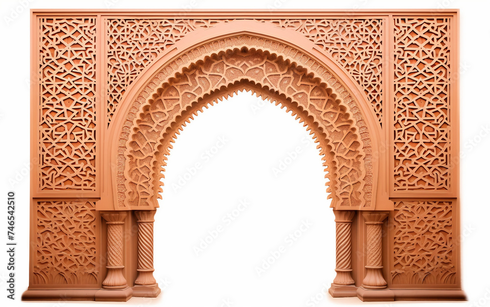 Ornate Archway with Intricate Islamic Calligraphy Isolated on White Background.