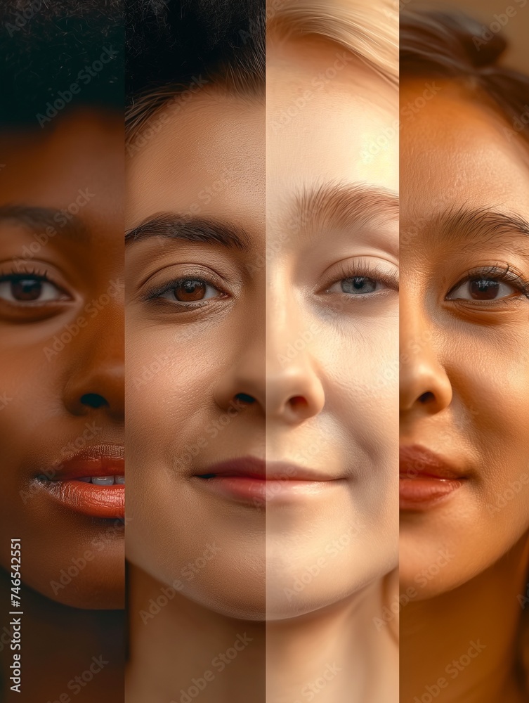 Close up composite portrait of a multiple woman, collage photograph made with four women's profile photo with different skin, eyes and hair colors and diverse facial features, smiling confidently 