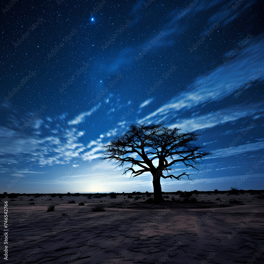 Lone tree in a vast desert under a starry night sky