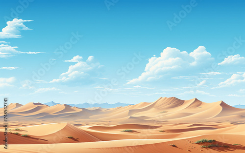 Clear Blue Sky Over a Serene Desert Landscape with Sand Dunes Isolated on White Background.