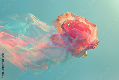 Fantastic and dreamy flower background. A rose blowing gently in the wind. Petals fluttering like a silk dress. Illustration with a dreamy atmosphere. Pastel tones with copy space.
