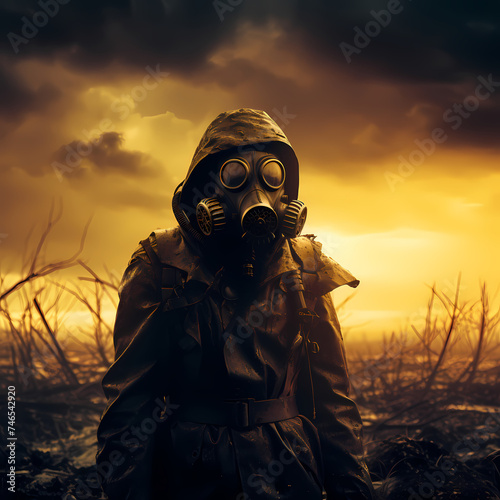 Mysterious figure wearing a gas mask in a post-apocalyptic setting.