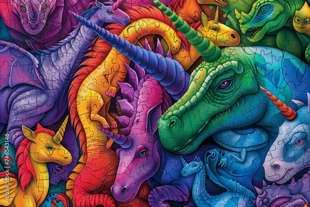 Surreal 3D jigsaw of autism awareness, featuring a random array of unicorns, dinosaurs, sloths, painted in rainbow hues