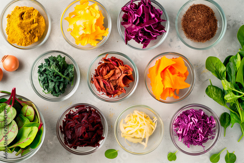 Natural dyes for Easter eggs in bowls and bowls, top view