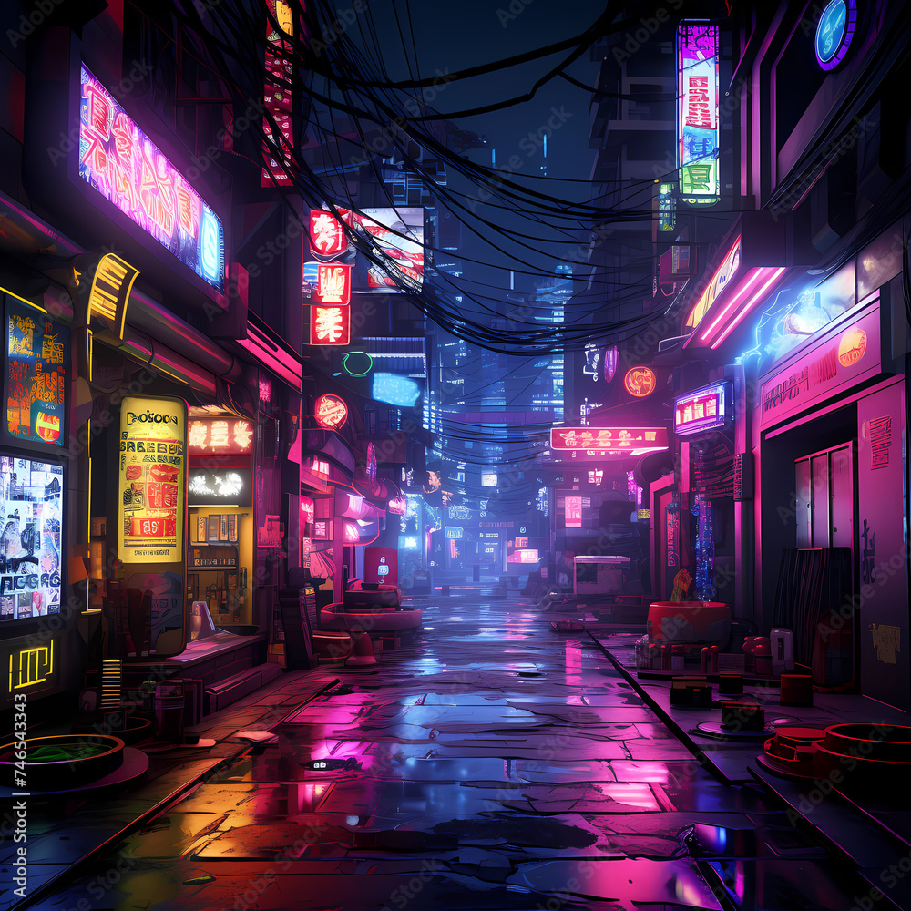 Neon-lit cyberpunk alleyway with futuristic advertisements