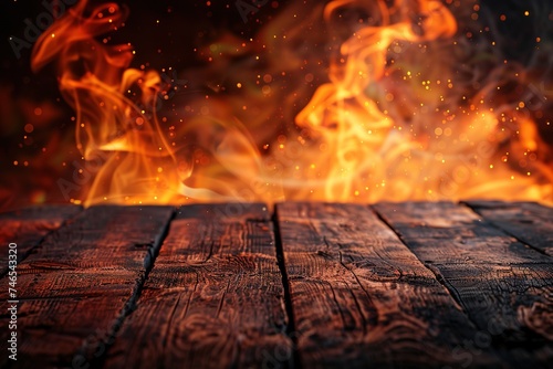 bokeh of wooden table with fire background. for product display presentation