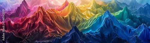 The aerial view reveals a close-up of the jagged peaks and valleys of Fuji mountain, painted with a chaotic rainbow palette photo