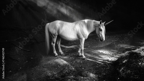The unicorn s majestic horn shimmers in the light  casting eerie shadows on the ground below