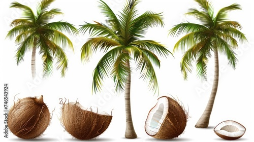 Coconut palm tree (Cocos nucifera). Set of realistic vector illustrations on white background. 