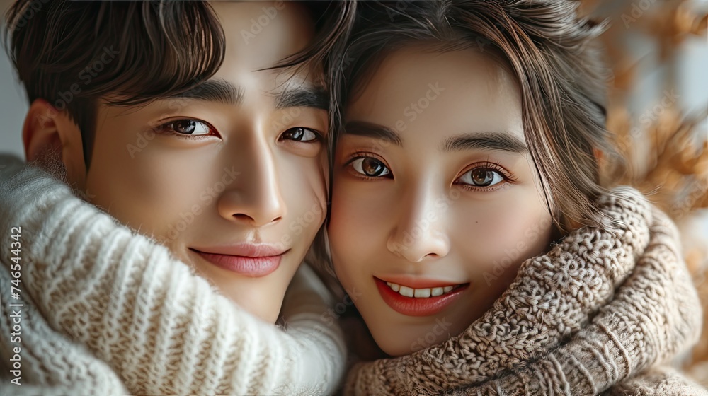 Romantic Valentine's Day: Happy Couple Embracing Love in Cozy Knitted Sweaters
Romantic Valentine's Day: Happy Couple Embracing Love in Cozy Knitted Sweaters