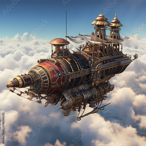 Steampunk-inspired airship soaring through the clouds