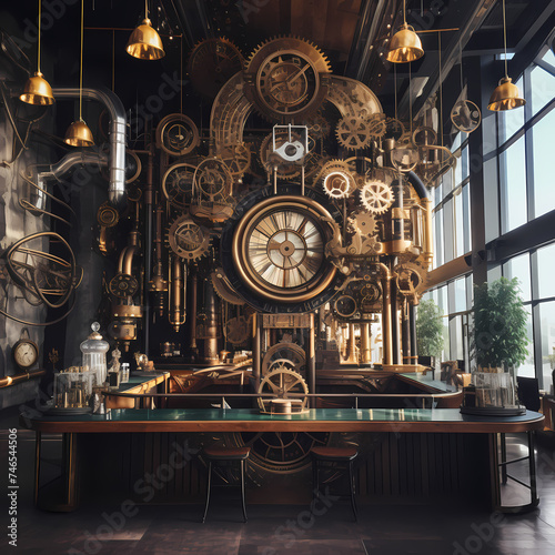 Steampunk-inspired cafe with gears and brass accents