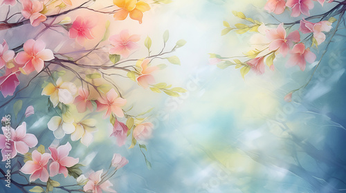 Delicate watercolor illustration of blossoming branches against a soft sky