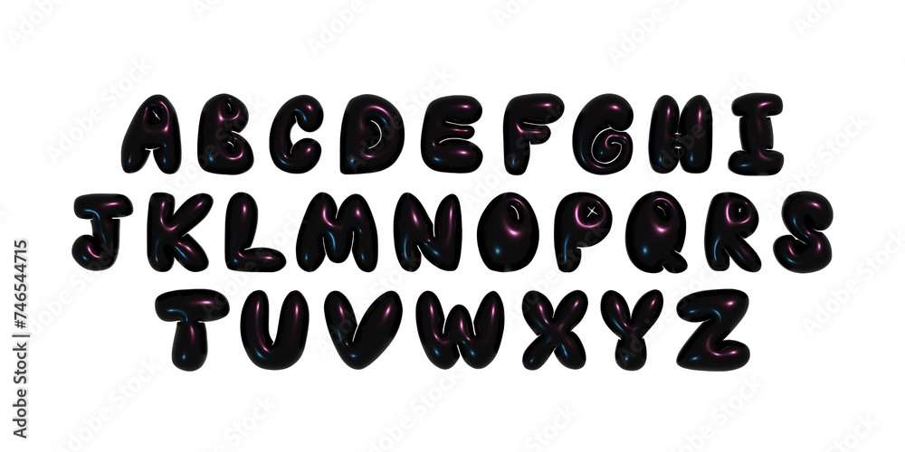 Glossy 3D black bubble font in Y2K style. Playful design inspired by 2000s or 90s, inflated balloon letters. Trendy English type. Realistic illustration Glossy 3D black bubble font in Y2K style. Playful design inspired by 2000s or 90s, inflated balloon letters. Trendy English type. Realistic illustration