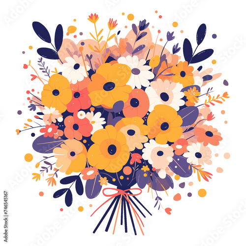 Bright and colorful bouquet of flowers in red  white and yellow  hand drawn in flat illustration style