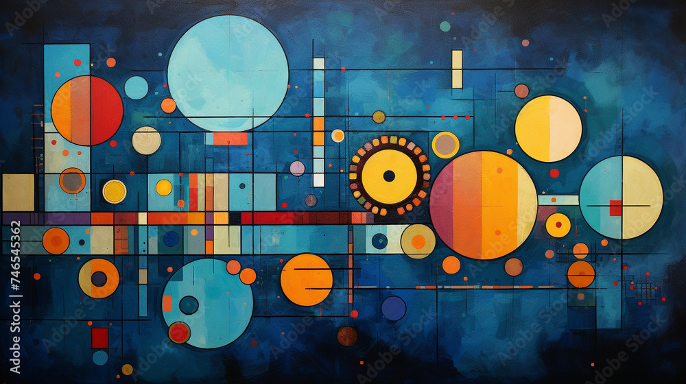 Abstract blend of textured geometric shapes and circles, modern style. Modern abstract painting featuring a dynamic composition of geometric shapes in bold, vibrant colors on canvas.