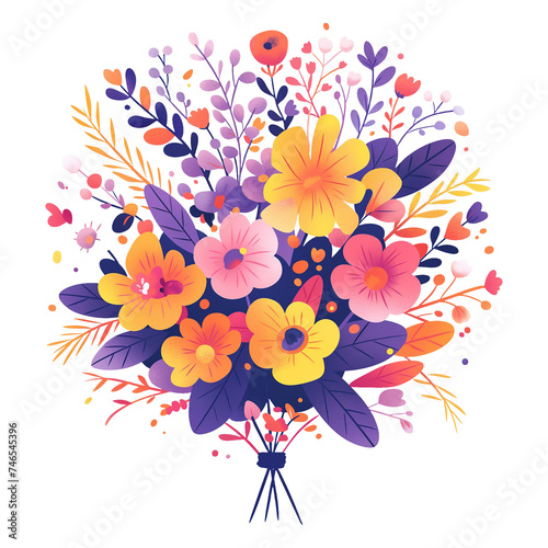 Bright and colorful bouquet of flowers in pink, white and yellow, hand drawn in flat illustration style