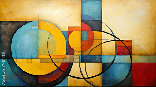 Abstract blend of textured geometric shapes and circles, modern style. Modern abstract painting featuring a dynamic composition of geometric shapes in bold, vibrant colors on canvas.