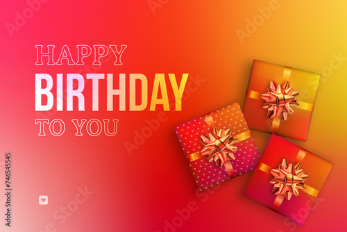 Colorful birthday gifts and festive text on colorful bright space