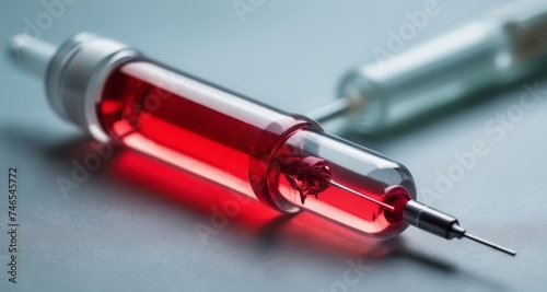  Medical care in focus - A syringe with a clear needle and red liquid