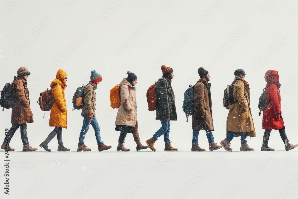 Obraz premium A line of unidentifiable people walking in a snowy environment, each dressed in unique winter clothing